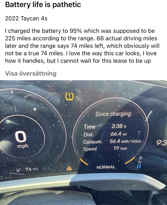 Instrumentpanel i en Porsche Taycan, visar varningar, räckvidd på 74 miles efter 66,4 körda miles, hastighetsmätare och förbrukning.