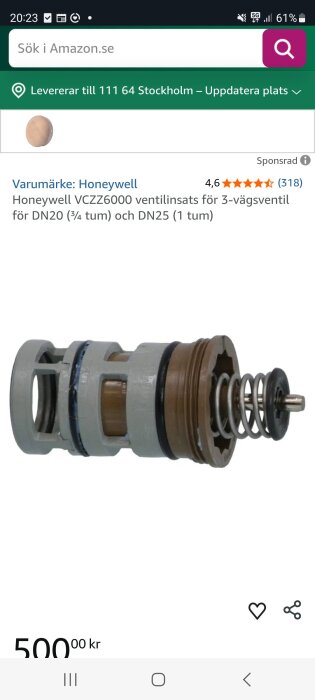 Honeywell VCZZ6000 ventilinsats med fjäder och bruna detaljer, avsedd för 3-vägsventil för DN20 och DN25.
