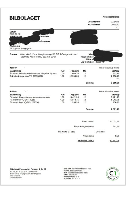 Kostnadsförslag från Bilbolaget för Volvo V60, inkluderar fjärrstart och bränslevärmare, total kostnad 12 273 kr inklusive moms.