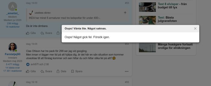 Popup-fönster med felmeddelande: "Oops! Vänta lite. Något saknas. Oops! Något gick fel. Försök igen." visas över ett diskussionsforum.