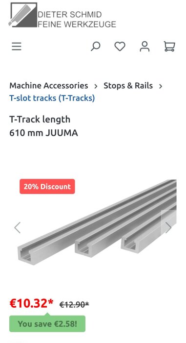 Bild av tre silverfärgade T-tracks från JUUMA, 610 mm långa, med 20% rabatt markerad i rött. Rabattpris: €10.32, Ursprungspris: €12.90.