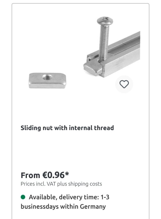 Metallisk t-spårsmutter med gänga och skruv i en t-track, pris och leveransinformation visas.