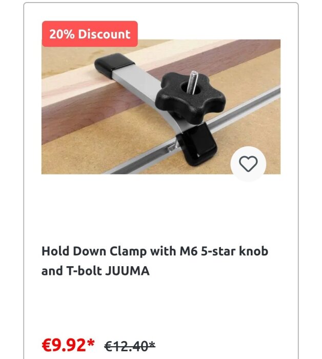 Hållfastklämma med M6 5-stjärnig knopp och T-bult av märket JUUMA, erbjuds med 20% rabatt, pris sänkt från €12.40 till €9.92.