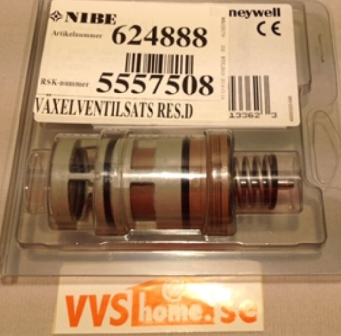 Förpackning med en växelventilsats RES.D från Nibe, artikelnummer 624888, etikett med text om Honeywells original VCZZ6000, köpt från VVShome.se.