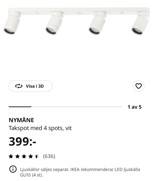 Vit IKEA Nymåne takspot med fyra spotlights, pris 399 kr.  Ljus källor säljes separat, rekommenderad ljuskälla LED GU10.