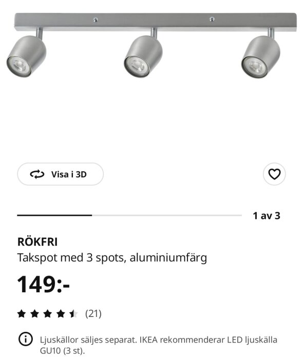 Takspot från IKEA i aluminium med tre justerbara spotlights.