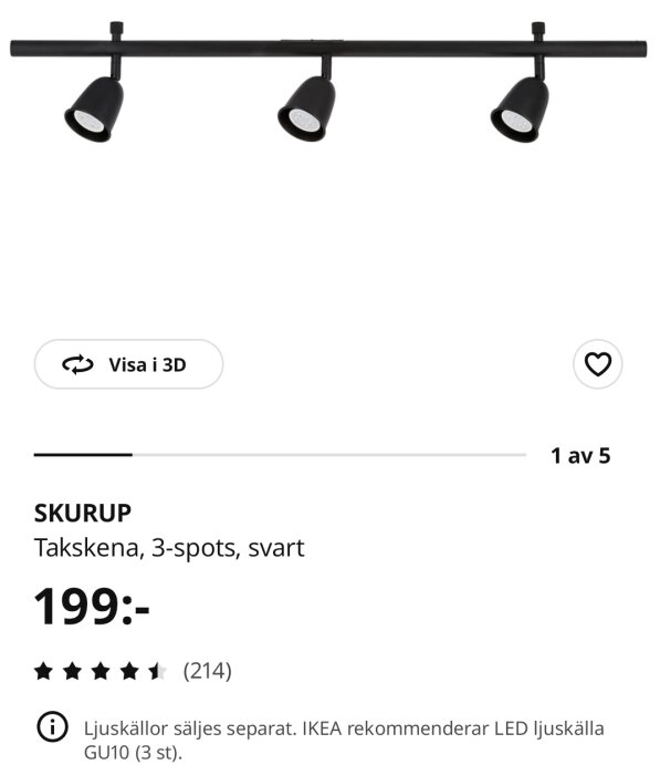 Svart IKEA SKURUP takskena med tre spotlights, ljuskällor säljs separat.