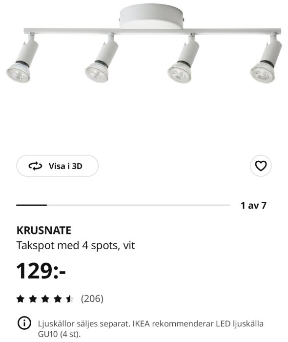 Vit takspot med fyra justerbara lampor, modell KRUSNATE från IKEA.
