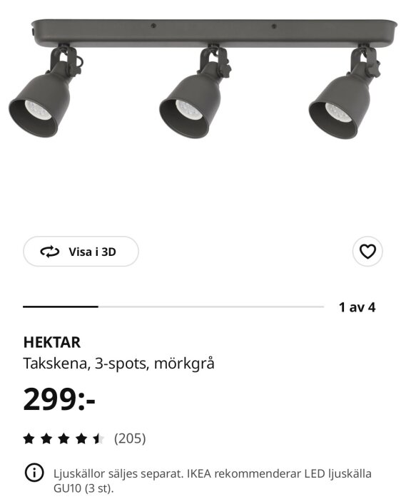 Mörkgrå takskena med tre spotlights från IKEA, modell Hektar, pris 299 kr, ljuskällor säljs separat.