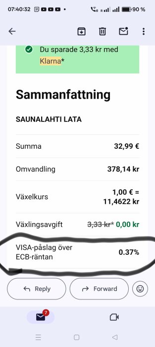 Skärmbild av betalningssammanfattning med information om valutakurs, växlingsavgift och VISA-påslag på 0,37% över ECB-räntan.
