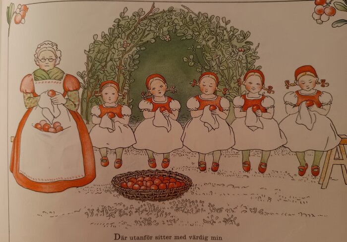 Illustration av kvinnor och barn med röda bär i förkläden, omgivna av grönska, från Elsa Beskows "Putte i blåbärsskogen".