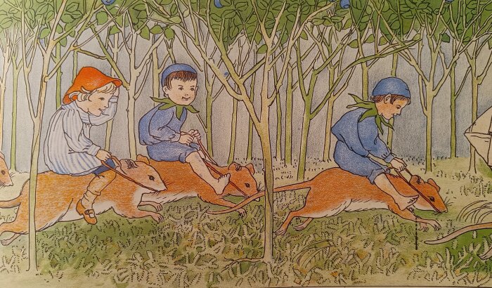 Illustration av barn ridandes på stora möss genom en skog, från Elsa Beskows "Putte i blåbärsskogen".