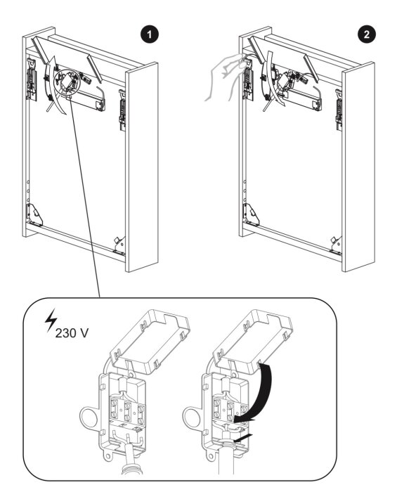 Illustration av installation av spegelskåp med belysning, visar två steg för inkoppling av el på baksidan och ett detaljbilder av en anslutningslösning.