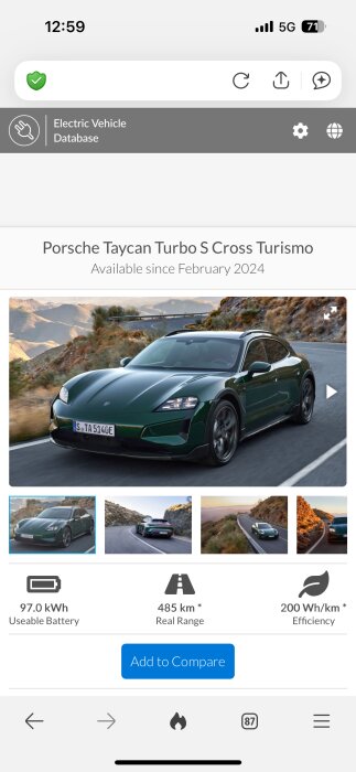 Grön bil på väg i bergig terräng, Porsche Taycan Turbo S Cross Turismo, tillgänglig från februari 2024, med specifikationer inklusive batterikapacitet och räckvidd.