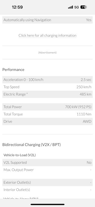 Bilden visar bilspecifikationer: acceleration 0-100 km/h på 2,5 sek, toppfart 250 km/h, elektrisk räckvidd 485 km, total kraft 700 kW, vridmoment 1110 Nm.