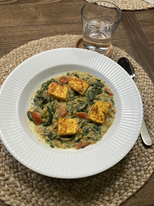 Saag paneer med röda linser, paprika, tomat, spenat och stekt paneer i gurkmeja/chilipulver på vit tallrik med glas vatten bredvid.