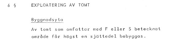 Detaljplansutdrag om exploatering av tomt, där högst en sjättedel av tomtytan får bebyggas beroende på F eller S markering.