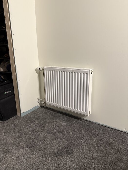Vit radiator monterad på en vit vägg i ett rum med grå matta, nyinstallerad för förbättrad uppvärmning i källare.