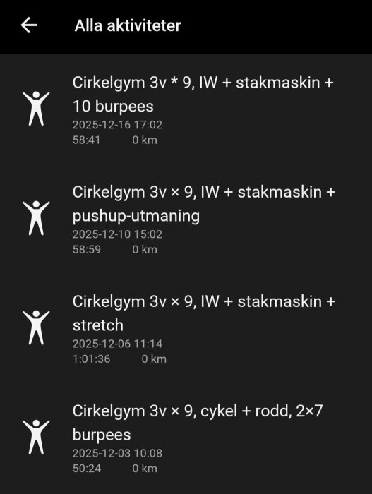 Skärmbild av en aktivitetslista med cirkelgym och träningspass. Innehåller datum, tid, och detaljbeskrivningar som burpees, stakmaskin och stretch.