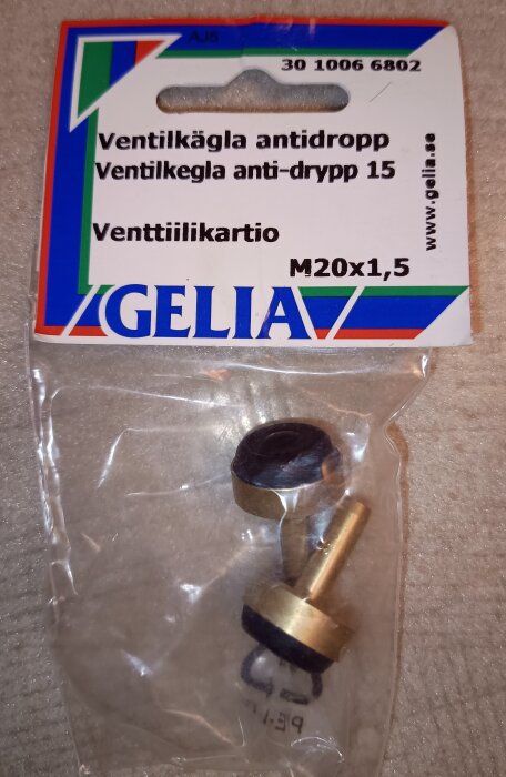 Förpackning med ventilkäglor från Gelia, modell anti-dropp 15, storlek M20x1,5, med förpackning i bakgrund.