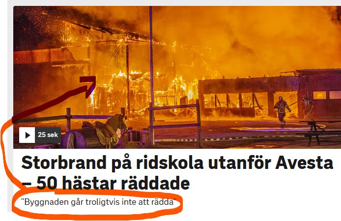En ridskola i lågor, med texten "Storbrand på ridskola utanför Avesta – 50 hästar räddade" och "Byggnaden går troligtvis inte att rädda".