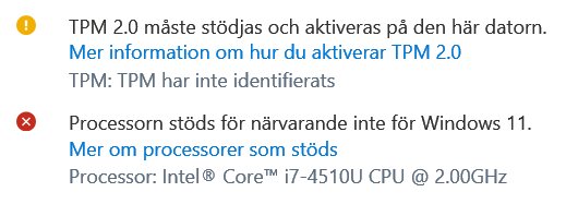 Felmeddelande om att Zenbook UX32L inte stöder Windows 11 på grund av TPM 2.0 och en ej kompatibel Intel i7-4510U-processor.