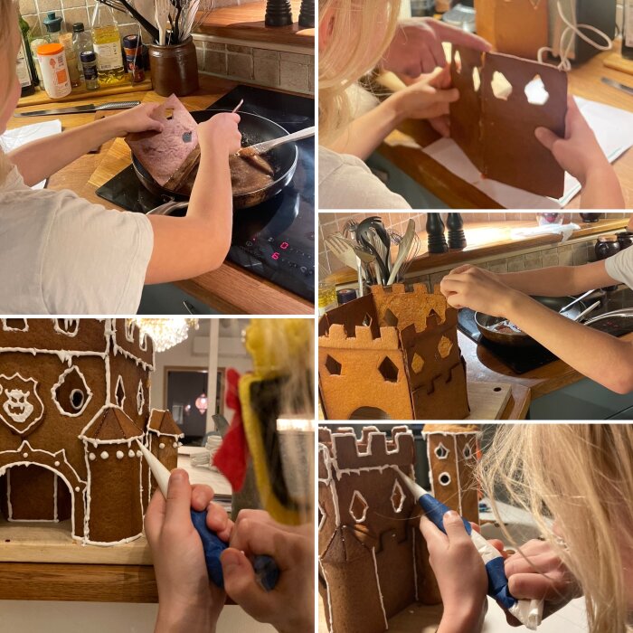 Barn bygger ett pepparkaksslott inspirerat av Bowsers borg med hjälp av glasyr och pepparkakor på ett köksbord.