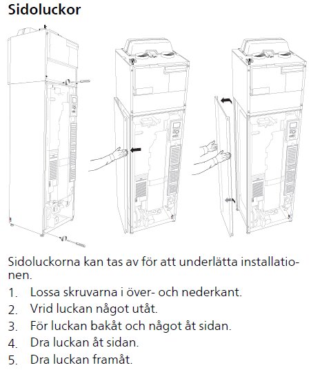 Illustration av instruktioner för att ta bort sidoluckor från en apparat med fem steg: skruva loss, vrid, för bakåt, dra åt sidan, och dra framåt.