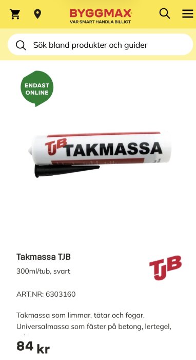 Tub med TJB takmassa, 300 ml, svart. Används för limning och tätning vid byggprojekt.