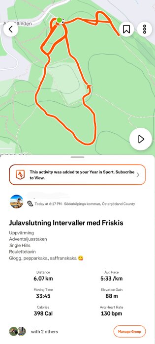 Karta över en träningsrunda på 6,07 km med ett snitt på 5:33 min/km. Totaltid 33:45 min och genomsnittlig puls 130 bpm, genomförd i Söderköpings kommun.