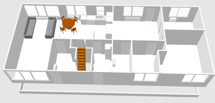 3D-planritning visar husets rum, inklusive kök, vardagsrum med soffor och matbord, samt trappa. Synlig planlösning och fönster.