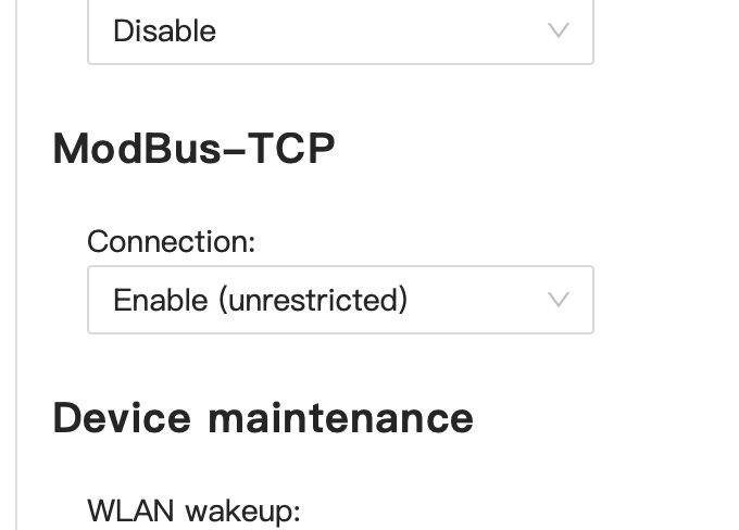 Inställningsmeny med alternativ för ModBus-TCP anslutning och WLAN-underhåll. Anslutning möjliggörs utan begränsningar, WLAN väckning visas.