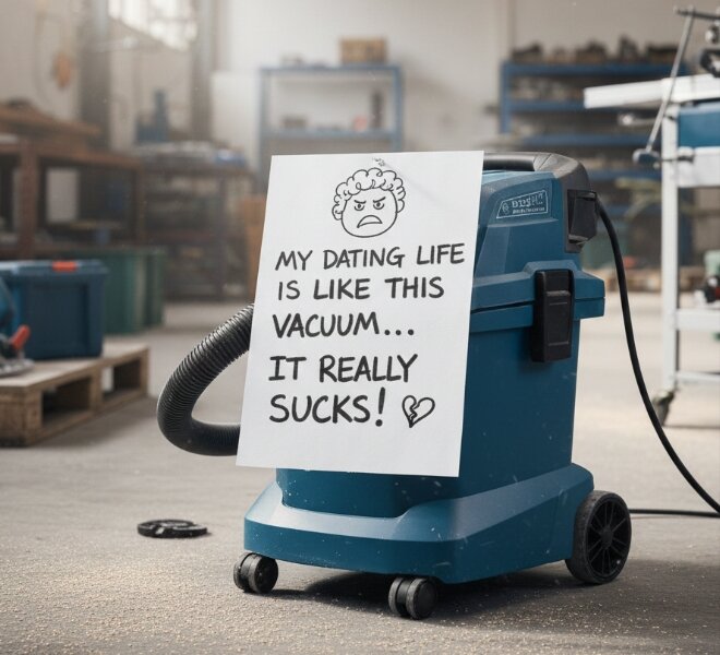 Blå dammsugare med en skylt där det står "My dating life is like this vacuum... It really sucks!" i en verkstadsmiljö.