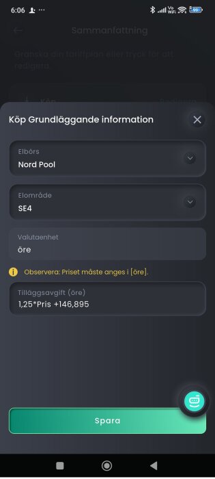 Skärmdump av en mobilapp som visar elprisinställningar; elbörs Nord Pool, elområde SE4, valutavaluta öre, tilläggsavgift beräkning, och en sparaknapp.