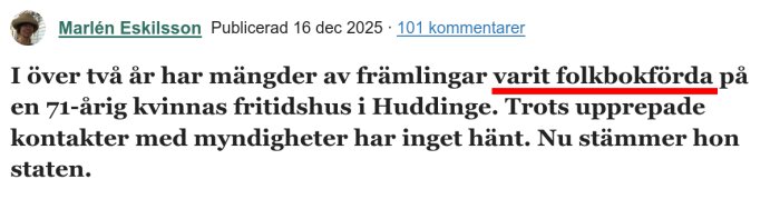 Artikelrubrik från Bygga Hus om folkbokföring, publicerad av Marlén Eskilsson, diskuterar hur främlingar blivit skrivna på en 71-årings fritidshusadress.