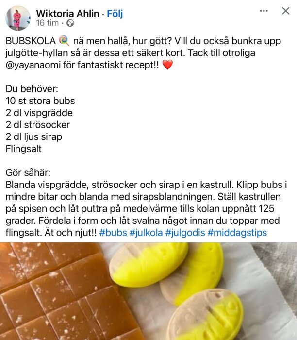 Brun kola och gul-bruna godisbitar på en ljus yta.