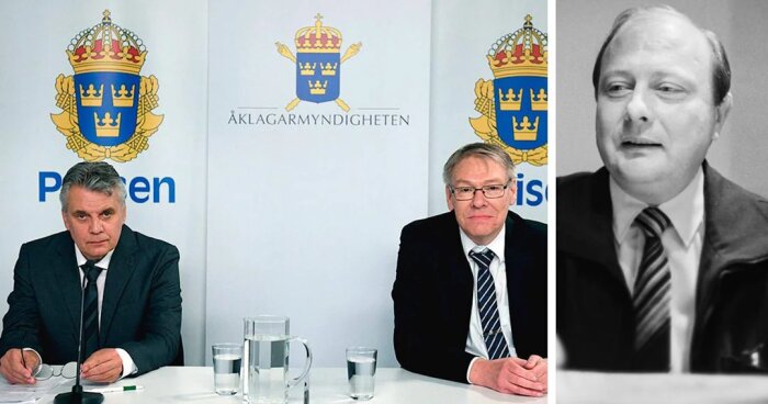 Presskonferens med två män framför en skylt med texten "Åklagarmyndigheten".