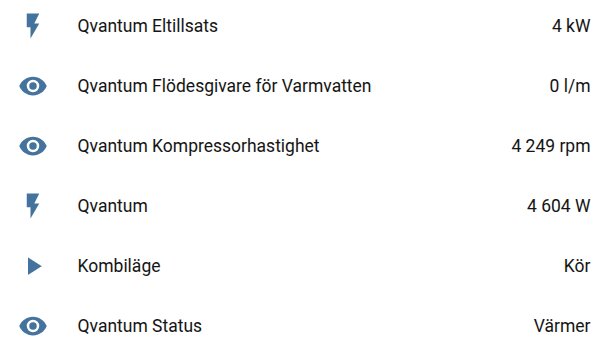 Avläsningar från Qvantum-systemet visar olika parametrar som eltillsats, flödesgivare, kompressorhastighet och status i kombiläge.