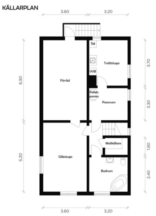 Planritning av husets källarplan med förråd, tvättstuga, pannrum, gillestuga, matkällare och badrum tydligt markerade.