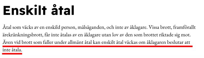 Text som förklarar "enskilt åtal" där åtal kan väckas av enskild person snarare än åklagare, med röd understruken mening om åklagarens beslut att inte åtala.