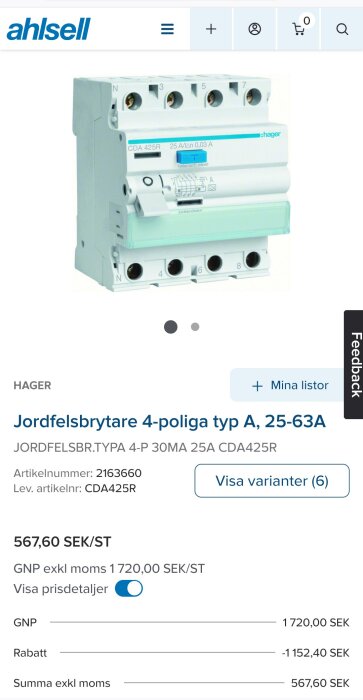 Jordfelsbrytare Hager 4-polig typ A, 25-63A, med prisinfo och rabatt, visas på Ahlsell-webbsidan.