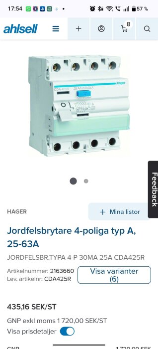 Jordfelsbrytare Hager 4-polig typ A, 25-63A, artikelnummer 2163660, visas på Ahlsell-webbsidan.