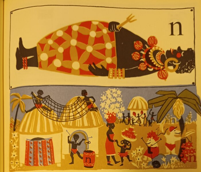 Illustration ur 1960-tals läsebok med människor, tält, träd och dekorationer i färgglatt mönster.
