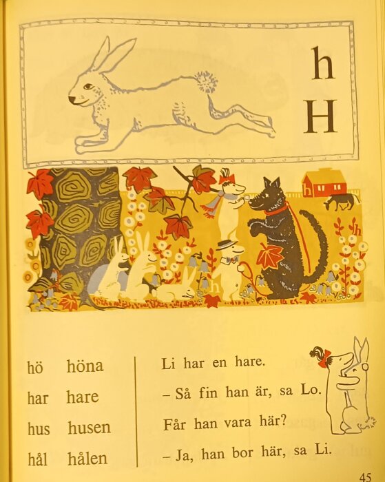 Bild från första läseboken från 1960 med illustrationer av harar, ett träd och en hund bredvid bokstäverna h och H.