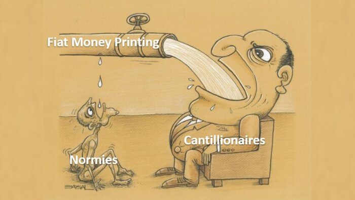 Karikatyr av en stor person som dricker från en stor kran märkt "Fiat Money Printing" medan en svag person får droppar, med etiketter "Cantillionaires" och "Normies".