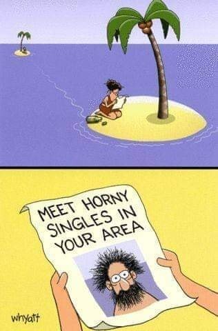 En tecknad figur sitter ensam på en ö med en palm, läser en tidning med texten "Meet horny singles in your area".