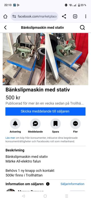 Bänkmonterad slipmaskin på stativ, grönt och silverfärgat, står i ett garage med däck i bakgrunden. 500 kr, behöver nya delar.