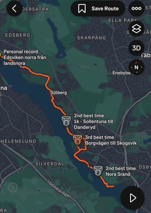 Karta över en löprunda längs Edsviken med markerade tidsprestationer och segment från Sollentuna till Danderyd.