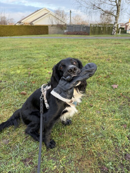 Svart hund med koppel sitter på gräsmatta och håller en svart vante i munnen.