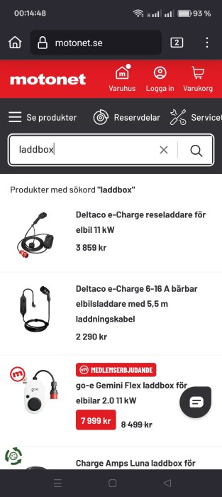 Sökresultat för "laddbox" på motonet.se med priser på olika elbilsladdare, inklusive Deltaco e-Charge och go-e Gemini Flex.